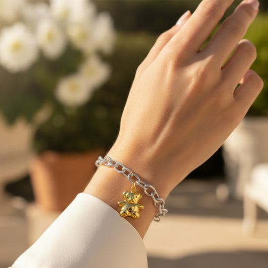 ELYA Women's Polished Bear Charm Stainless Steel Bracelet - 7.5"