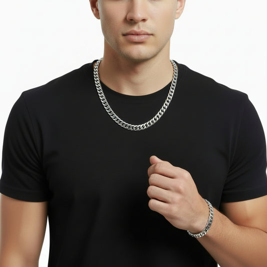 Crucible Jewelry Men's Bracelet and Necklace Stainless Steel Curb Chain Set