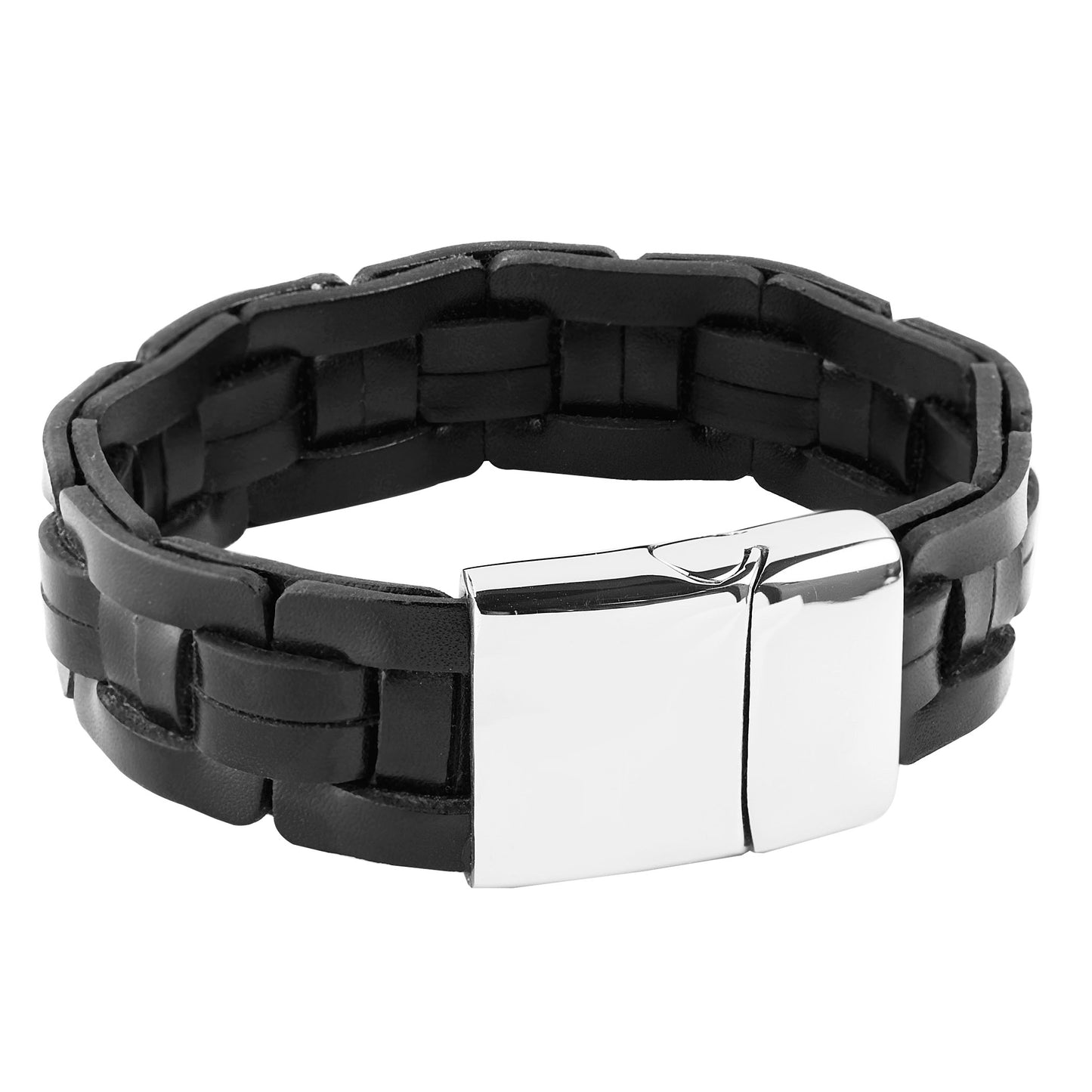 Men's Stainless Steel Genuine Black Braided Leather Cuff Bracelet (20mm) - 8"