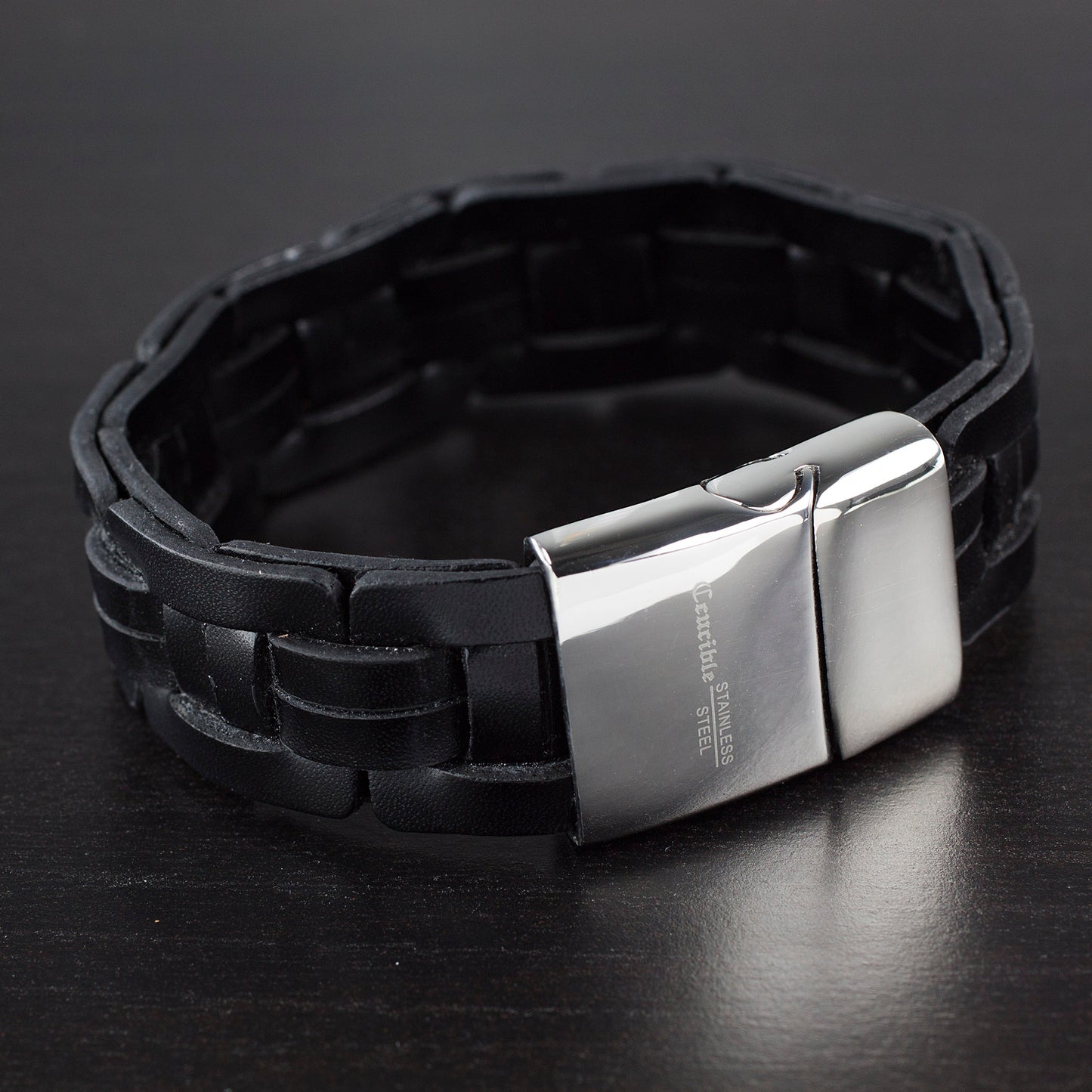 Men's Stainless Steel Genuine Black Braided Leather Cuff Bracelet (20mm) - 8"