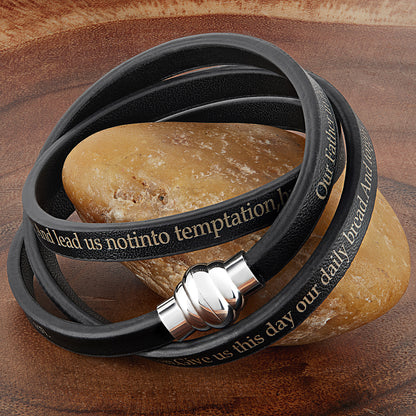 Men's or Women's Leather Lord's Prayer Wrap Bracelet with Magnet Clasp