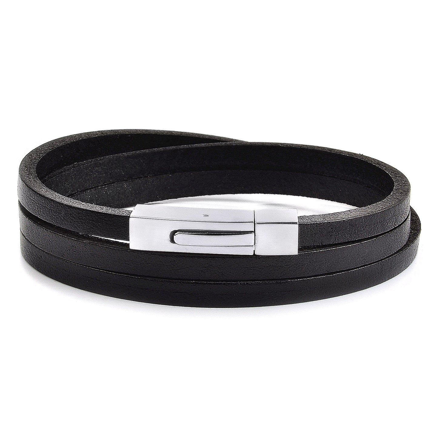 Men's Stainless Steel Clasp Black Leather Wrap Bracelet