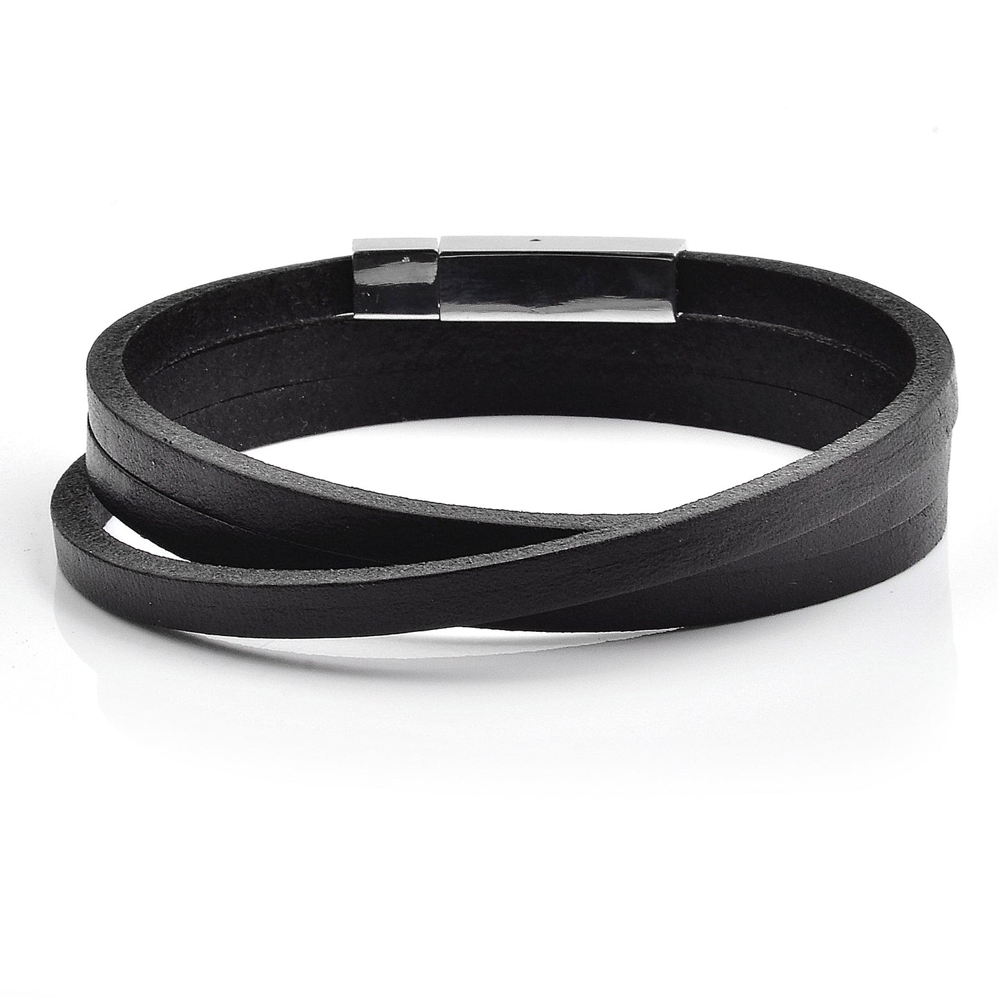 Men's Stainless Steel Clasp Black Leather Wrap Bracelet