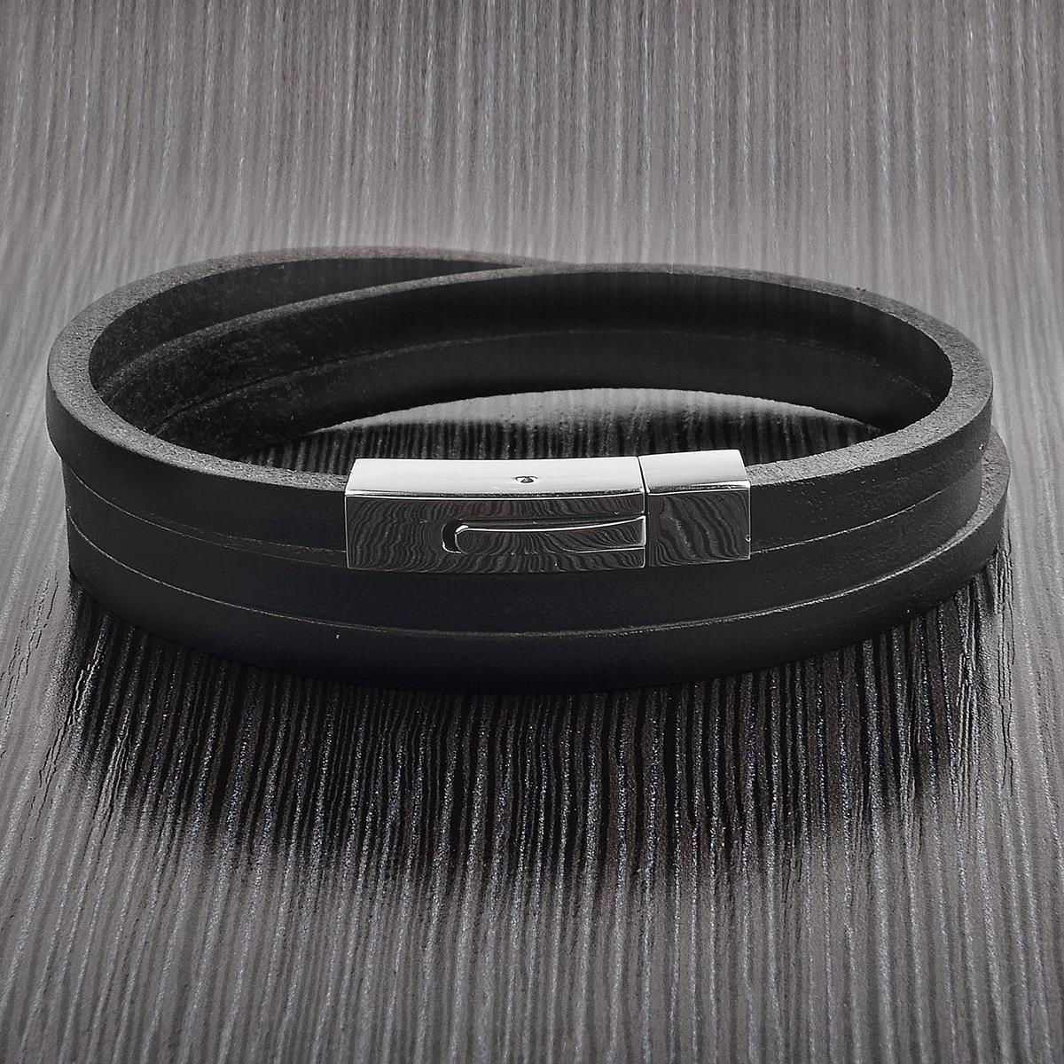 Crucible Black Leather Wrap Bracelet with Stainless Steel Clasp