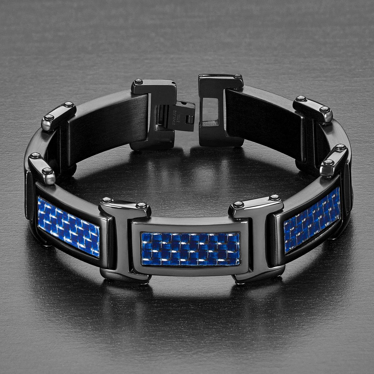 Crucible Black Plated Stainless Steel Blue Carbon Fiber Link Bracelet (20mm)