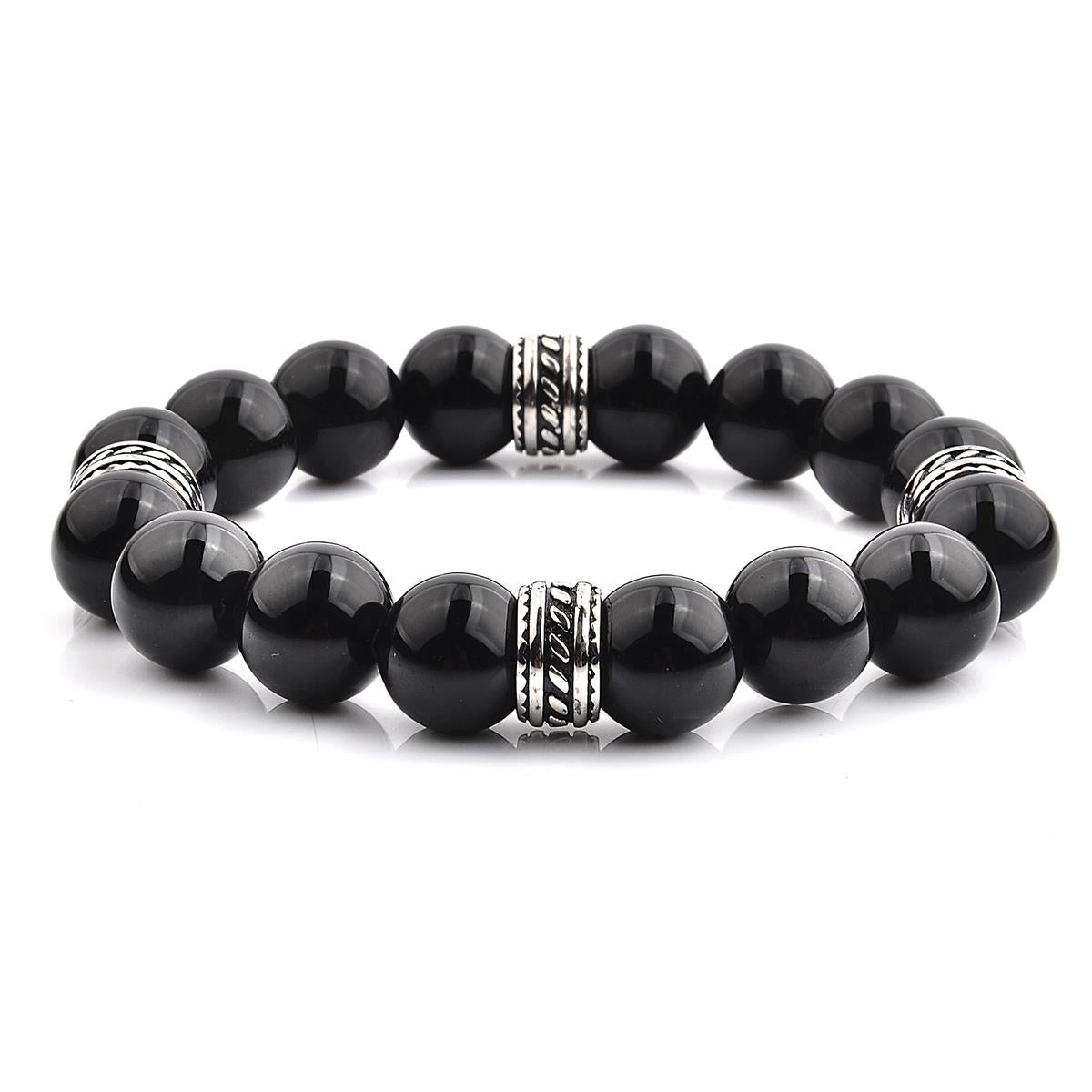 Crucible Jewelry Polished Onyx and Steel Tribal Beaded Stretch Bracelet (12mm)