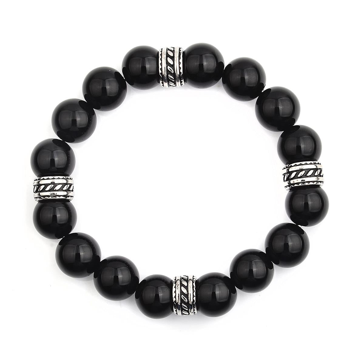 Crucible Jewelry Polished Onyx and Steel Tribal Beaded Stretch Bracelet (12mm)