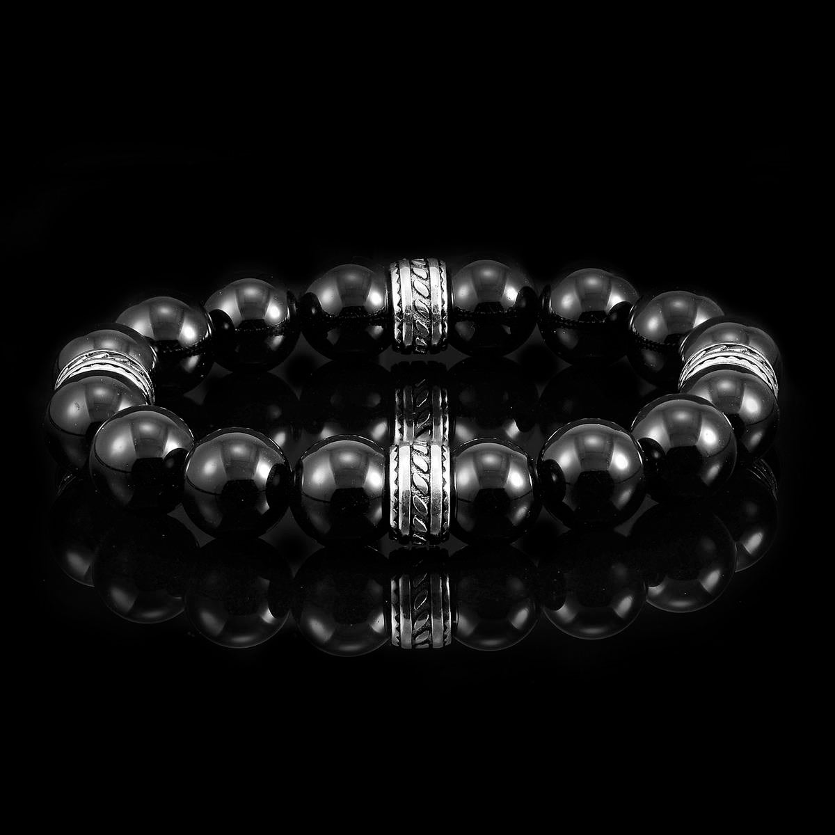 Crucible Jewelry Polished Onyx and Steel Tribal Beaded Stretch Bracelet (12mm)
