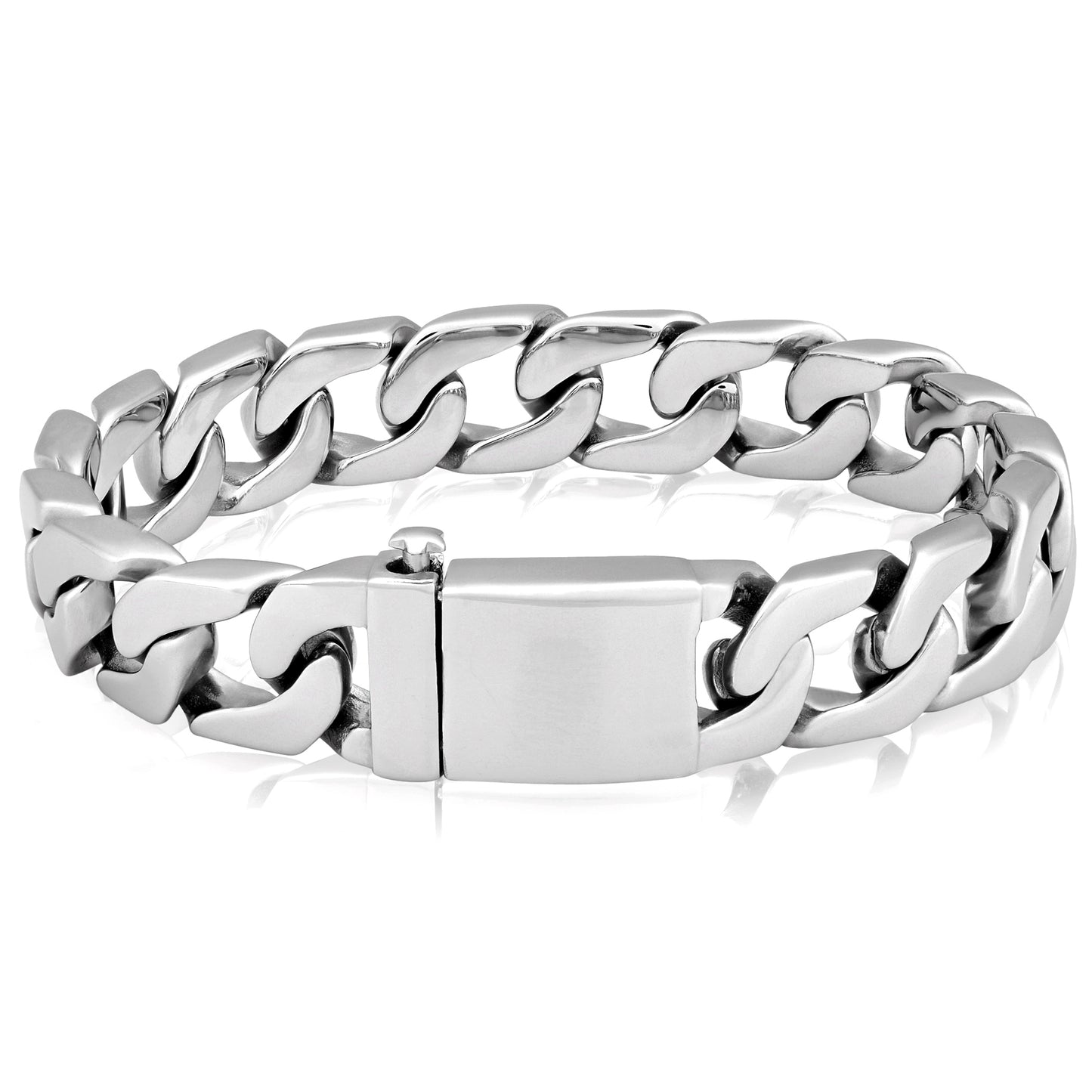 Men's Stainless Steel Polished Box Clasp Curb Chain Bracelet (16mm) - 8.5"