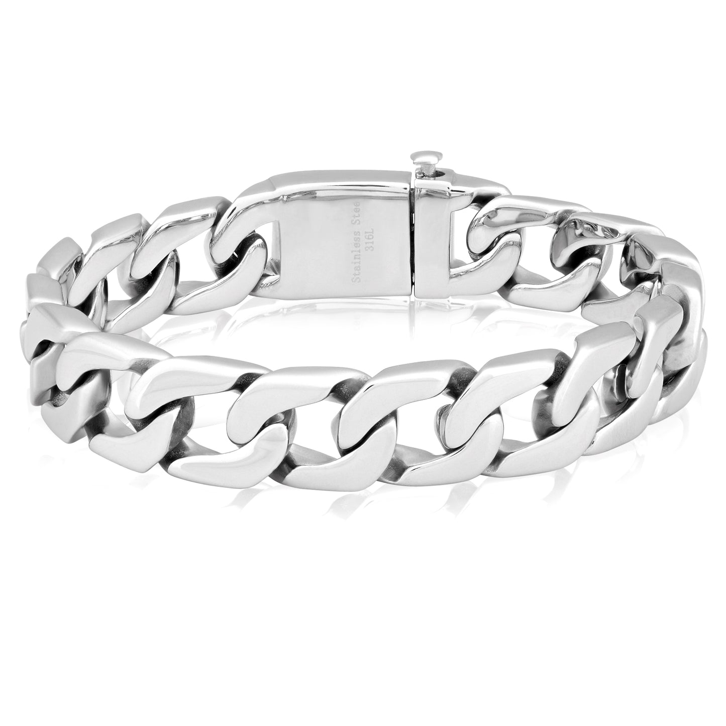 Men's Stainless Steel Polished Box Clasp Curb Chain Bracelet (16mm) - 8.5"