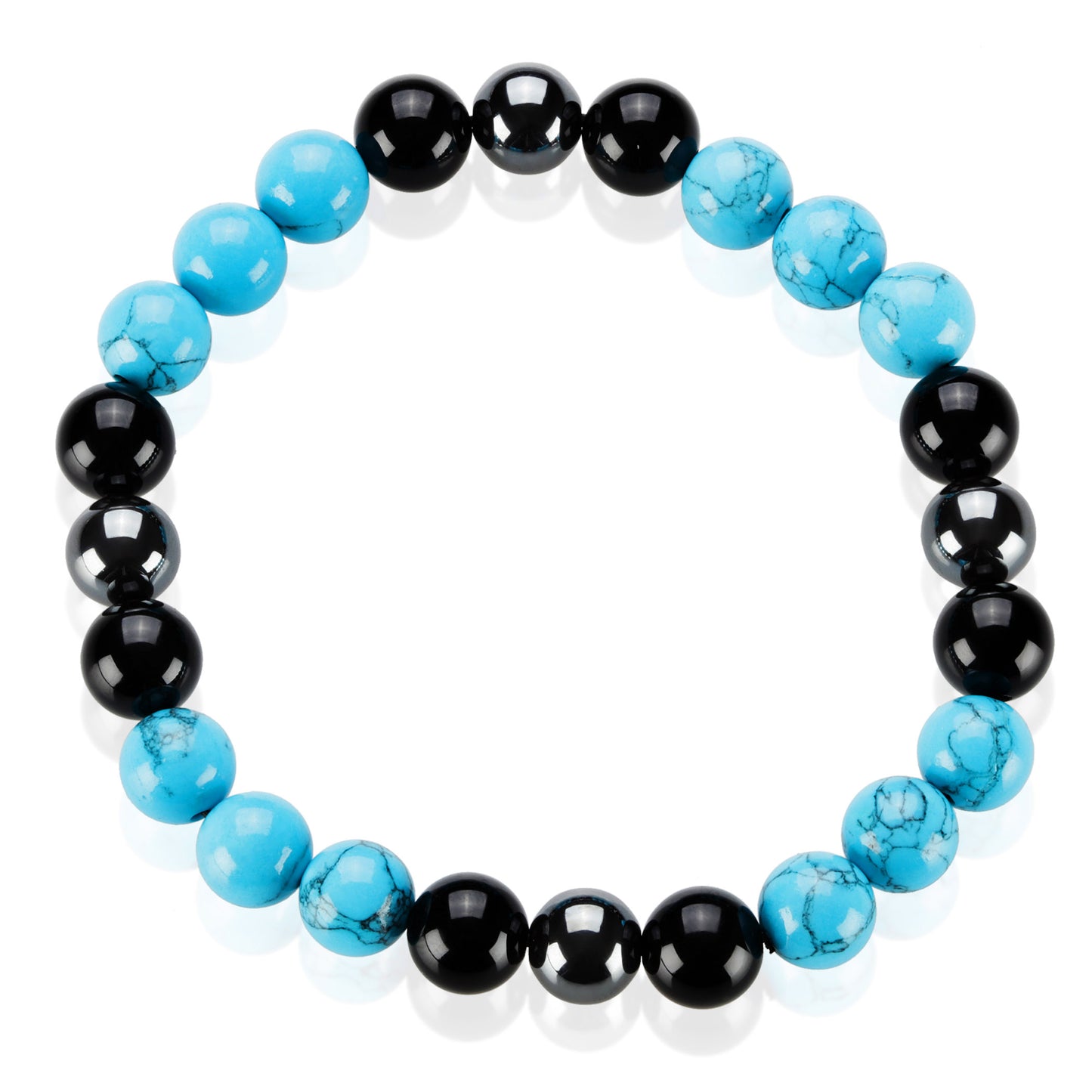 Turquoise, Onyx and Hematite Stone Bead Stretch Bracelet