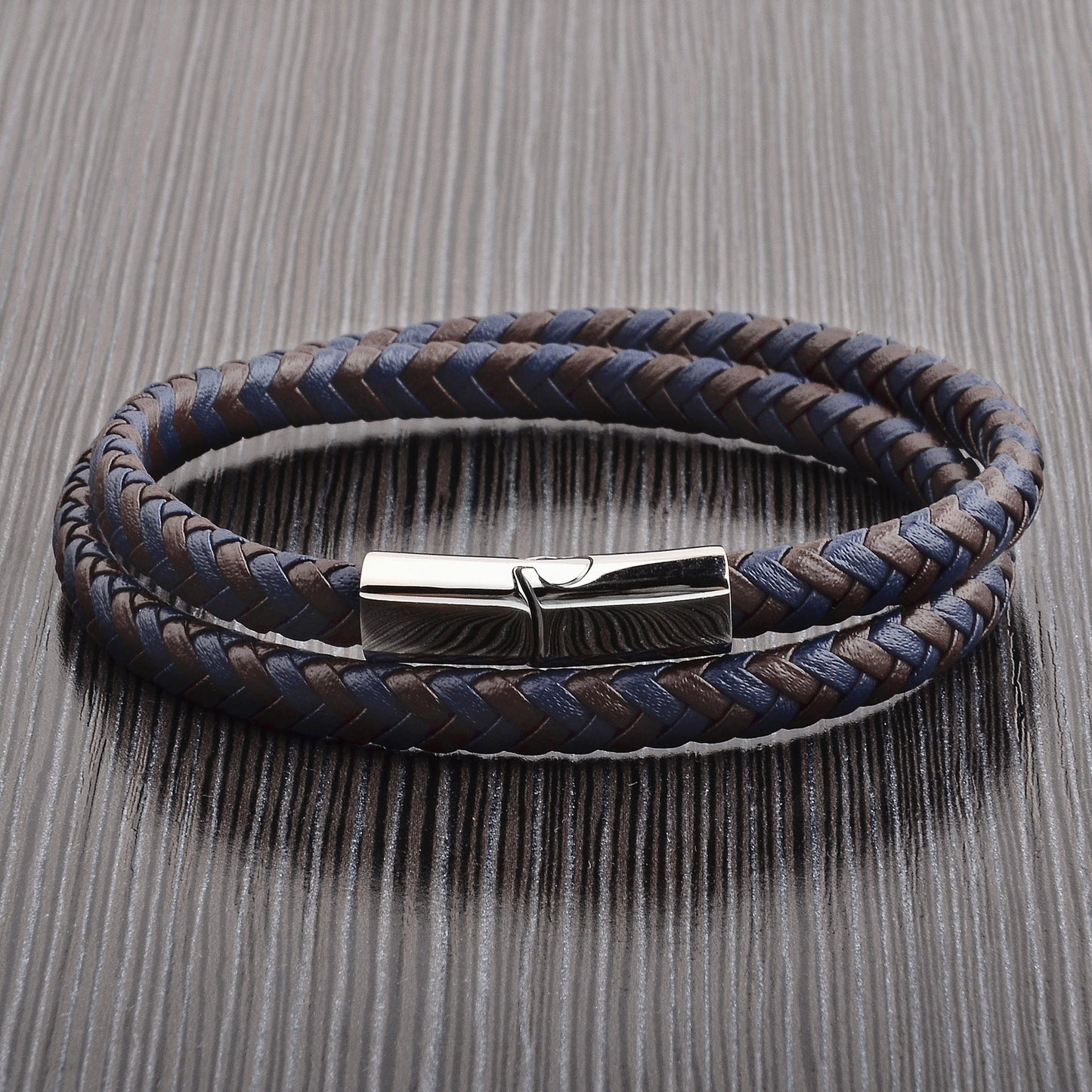 Men's Braided Blue and Brown Leather Wrap Bracelet