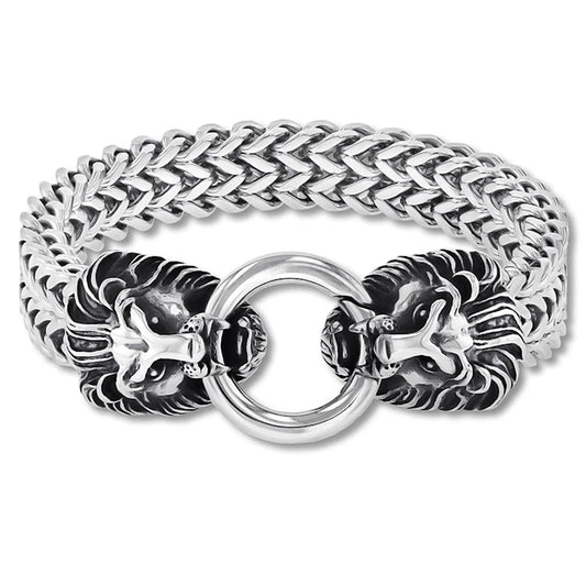 Men's Polished Stainless Steel Lion Heads Franco Chain Bracelet (17mm) - 8.5"