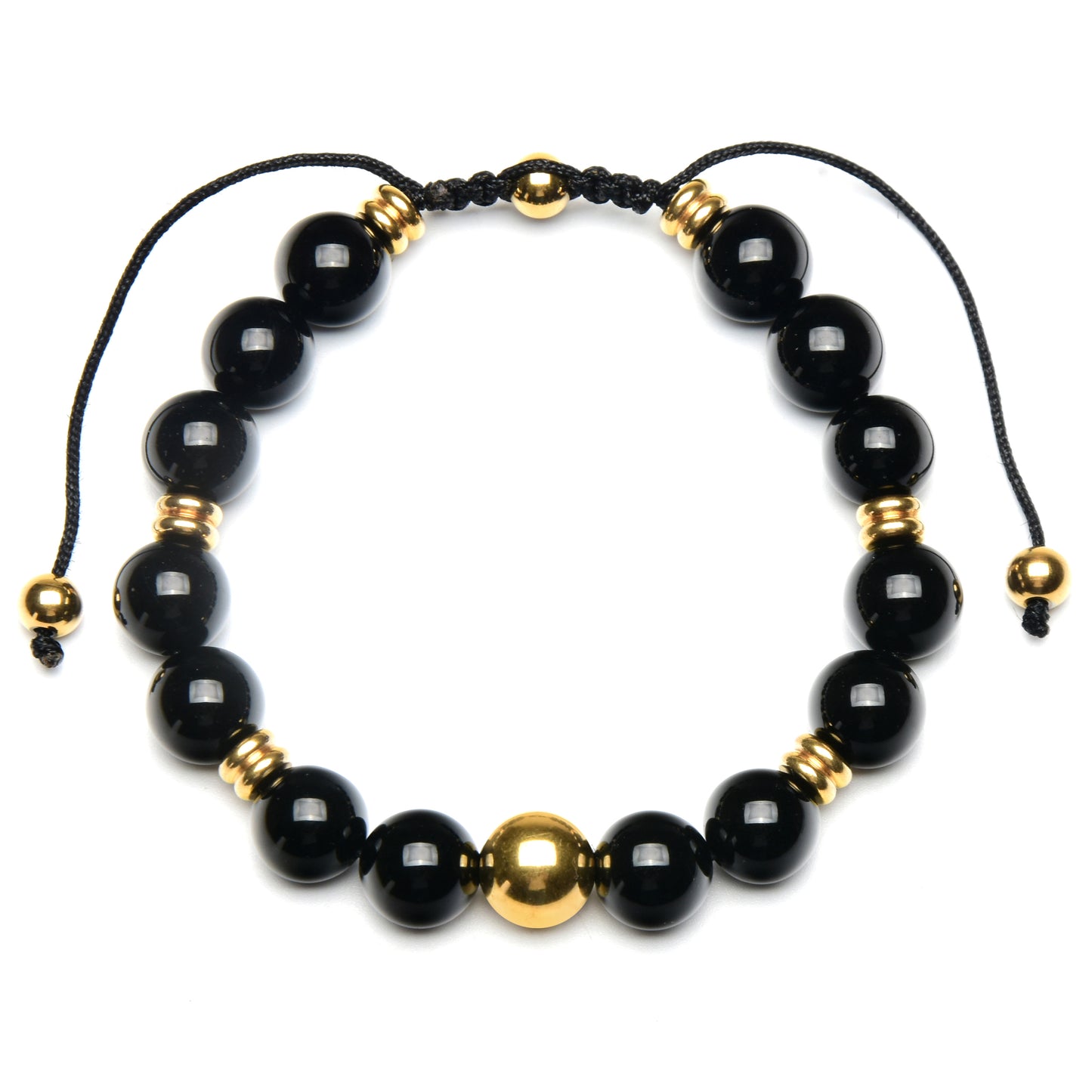 Men's Onyx Stone and Gold Plated Stainless Steel Bead Adjustable Bracelet (10mm)