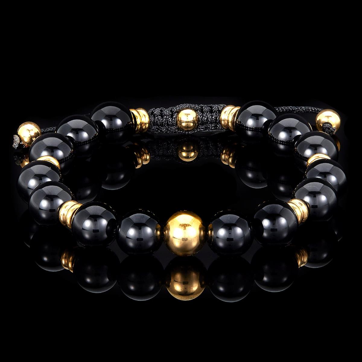 Crucible Jewelry Gold Plated Stainless Steel Black Onyx Stone Adjustable Bracelet (10mm)