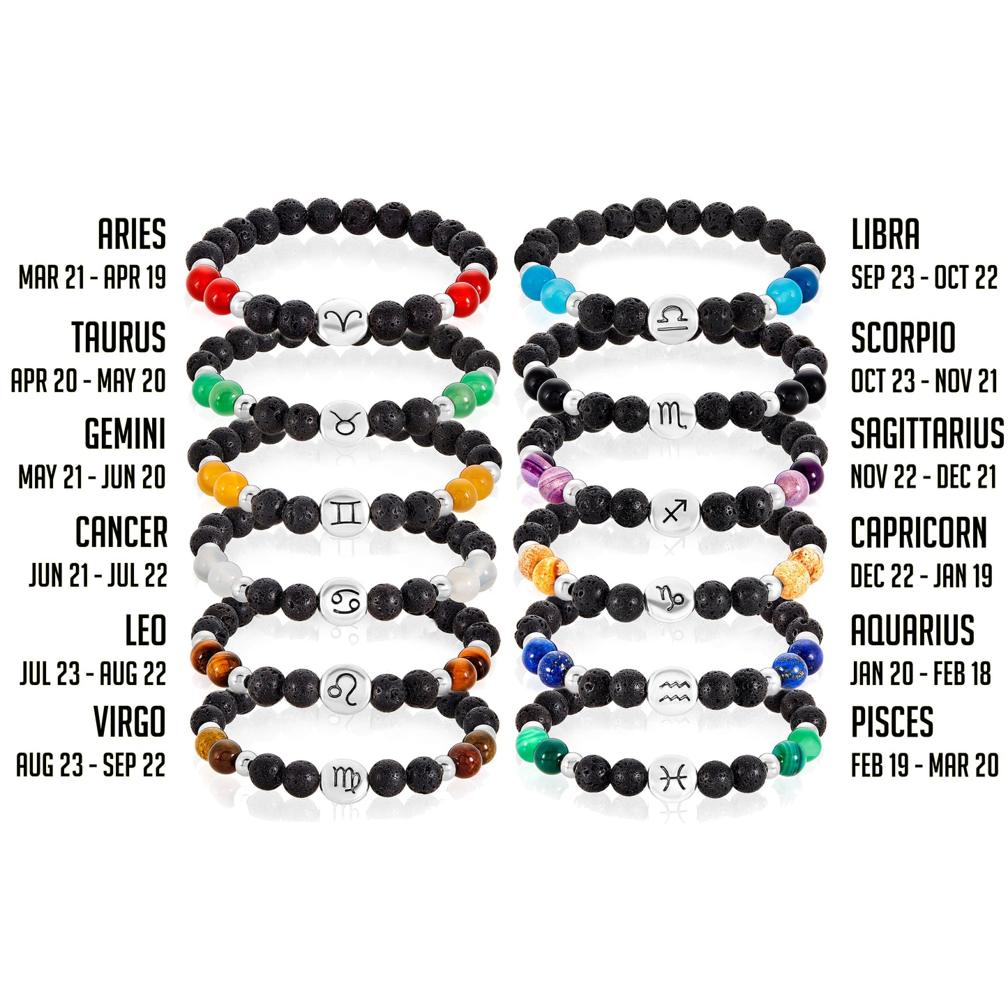 Zodiac Bead Black Lava and Agate Stone Stretch Bracelet
