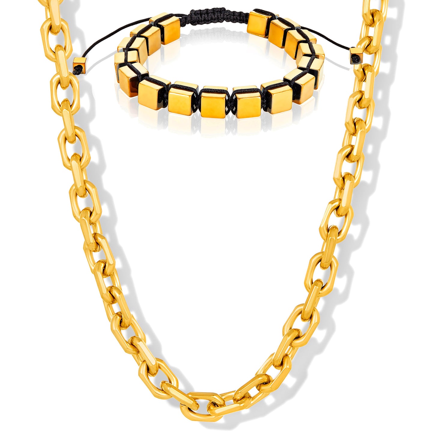 Men's Gold Hematite Stone Bracelet and Chain Necklace Set