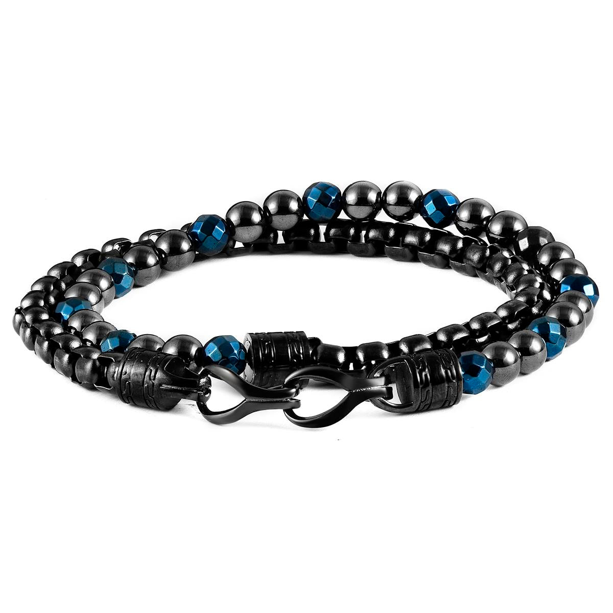 Crucible Jewelry Gunmetal Plated Steel and 6mm Round/Faceted Blue Hematite Bracelet