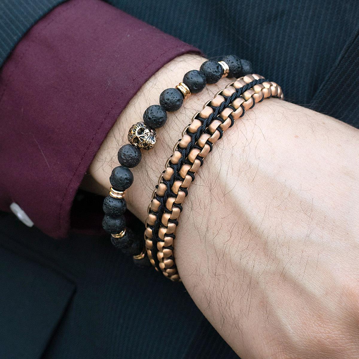 Crucible Jewelry Rose Gold Matte Finish Stainless Steel Double Row Box Chain Bracelet with Black Nylon Cord