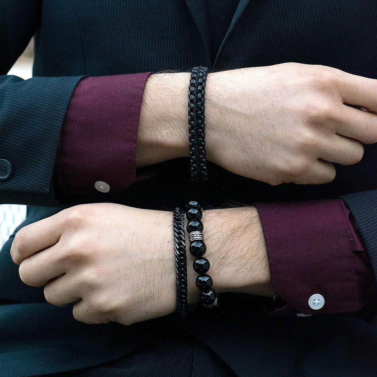 Crucible Jewelry Rose Gold Matte Finish Stainless Steel Double Row Box Chain Bracelet with Black Nylon Cord