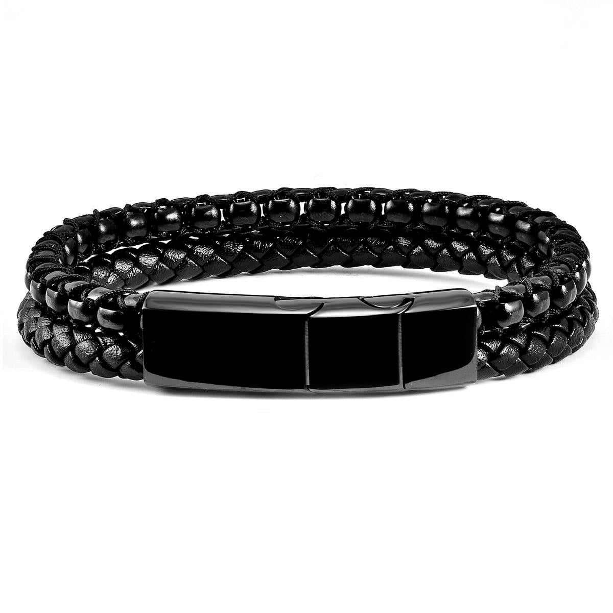Black Polished Stainless Steel Black Leather and Box Chain Bracelet with Black Nylon Cord