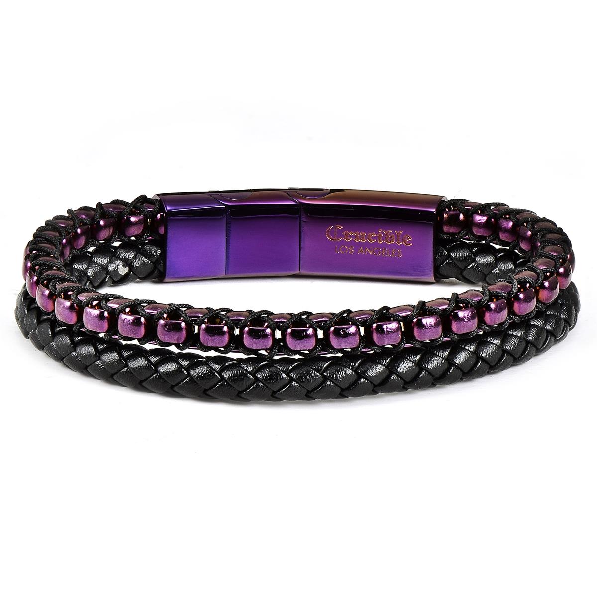 Crucible Jewelry Purple Polished Stainless Steel Black Leather and Box Chain Bracelet with Black Nylon Cord