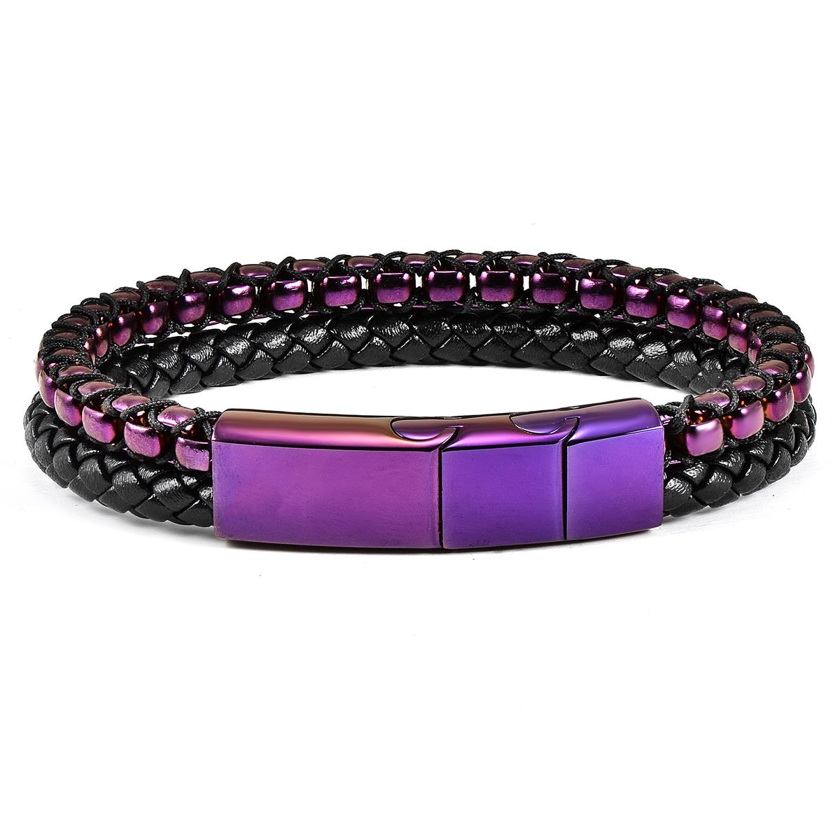 Crucible Jewelry Purple Polished Stainless Steel Black Leather and Box Chain Bracelet with Black Nylon Cord