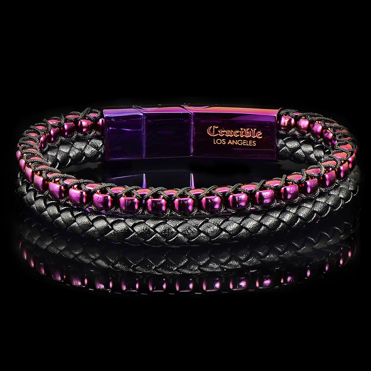 Crucible Jewelry Purple Polished Stainless Steel Black Leather and Box Chain Bracelet with Black Nylon Cord