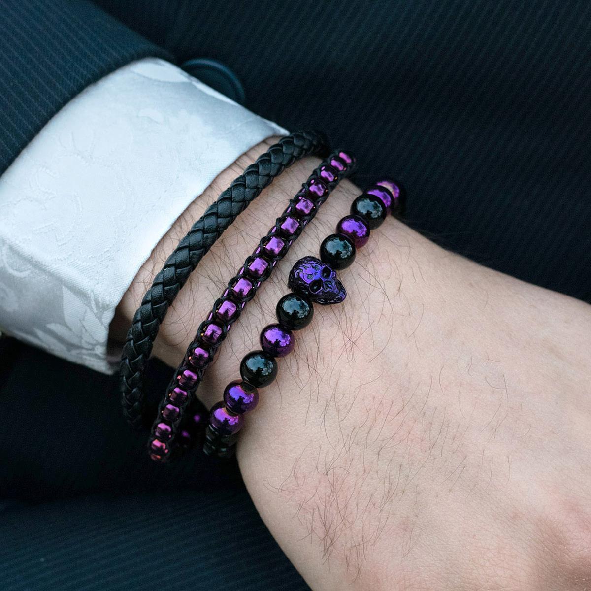 Crucible Jewelry Purple Polished Stainless Steel Black Leather and Box Chain Bracelet with Black Nylon Cord