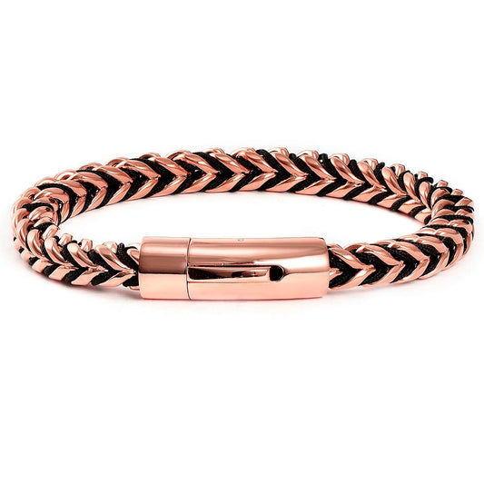 Crucible Jewelry Rose Gold Polished 8mm Stainless Steel Franco Chain Bracelet with Black Nylon Cord - 8"