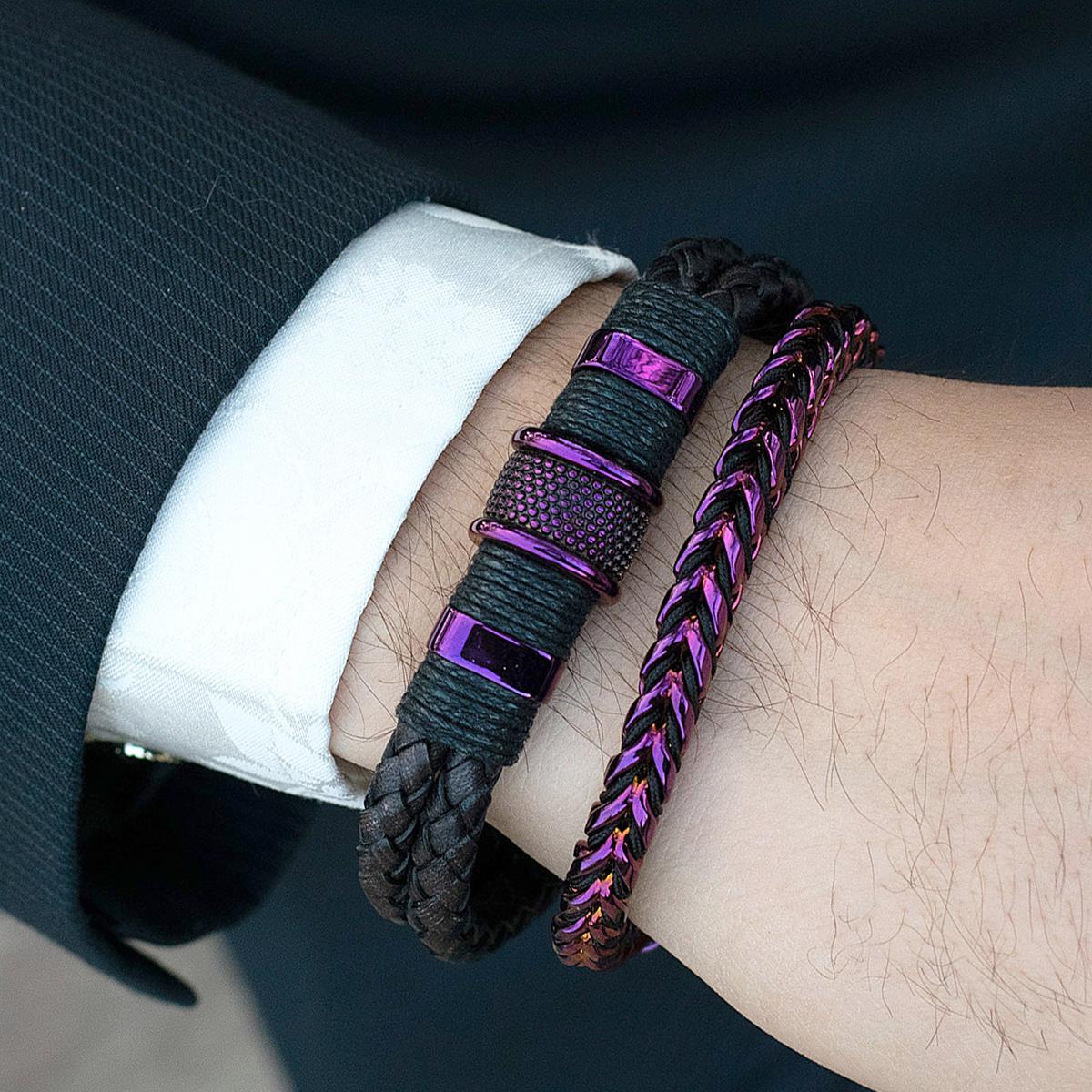 Crucible Jewelry Rose Gold Polished 8mm Stainless Steel Franco Chain Bracelet with Black Nylon Cord - 8"