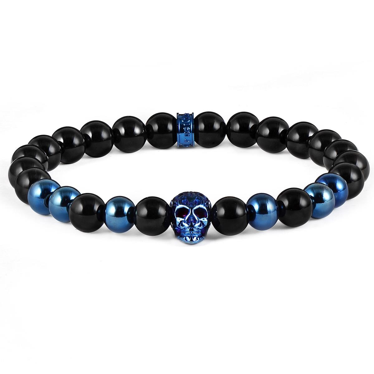 Crucible Jewelry Polished Stainless Steel Skull and Polished Black Onyx Strech Bracelet