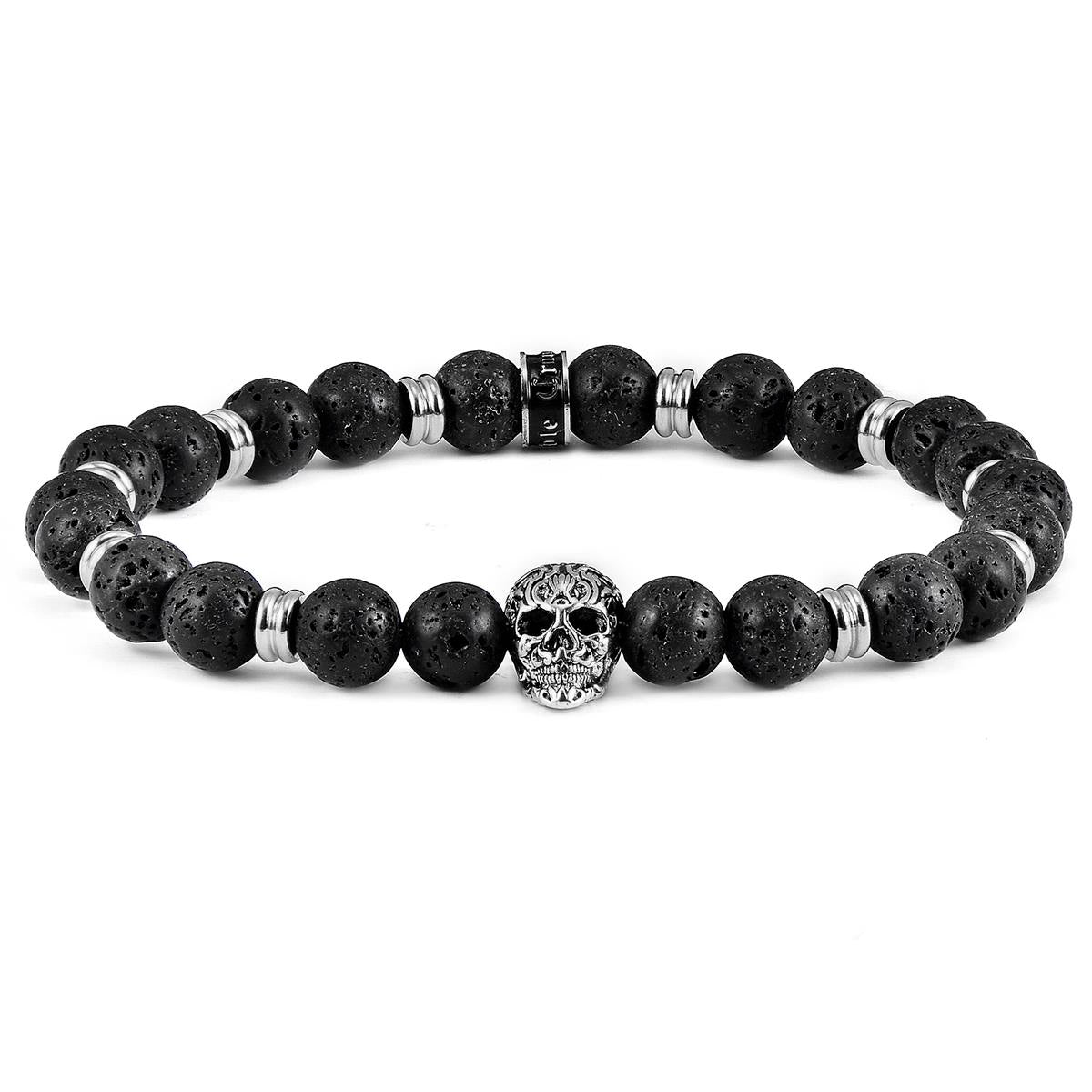 Crucible Jewelry Polished Stainless Steel Skull and Black Lava Strech Bracelet
