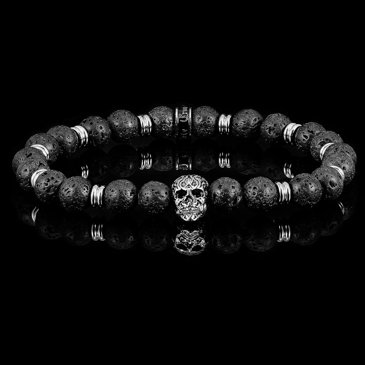 Crucible Jewelry Polished Stainless Steel Skull and Black Lava Strech Bracelet