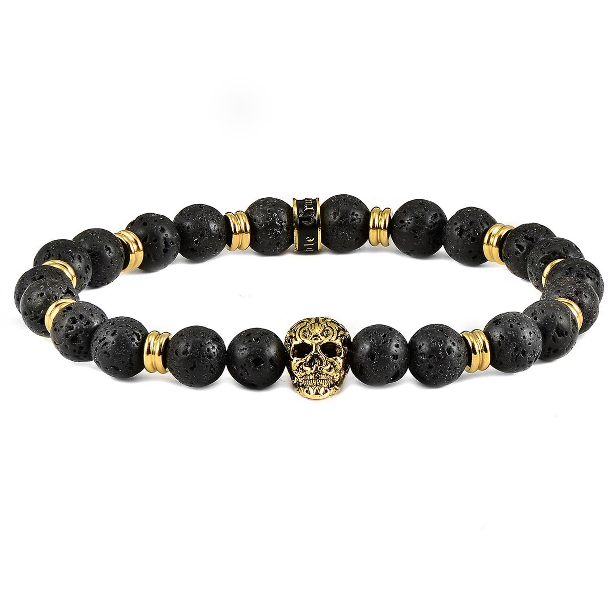 Crucible Jewelry Polished Stainless Steel Skull and Black Lava Strech Bracelet