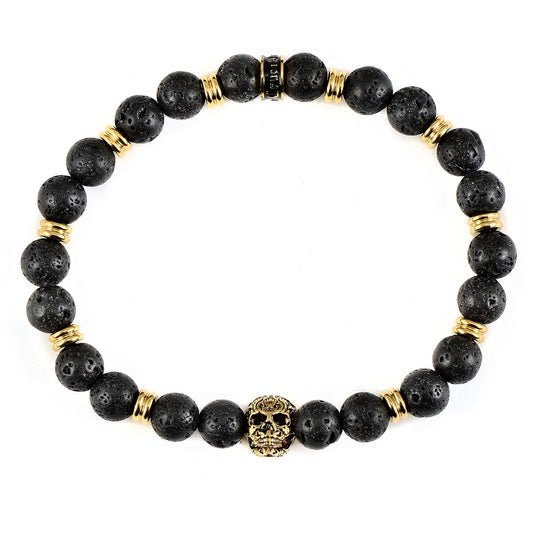 Crucible Jewelry Polished Stainless Steel Skull and Black Lava Strech Bracelet