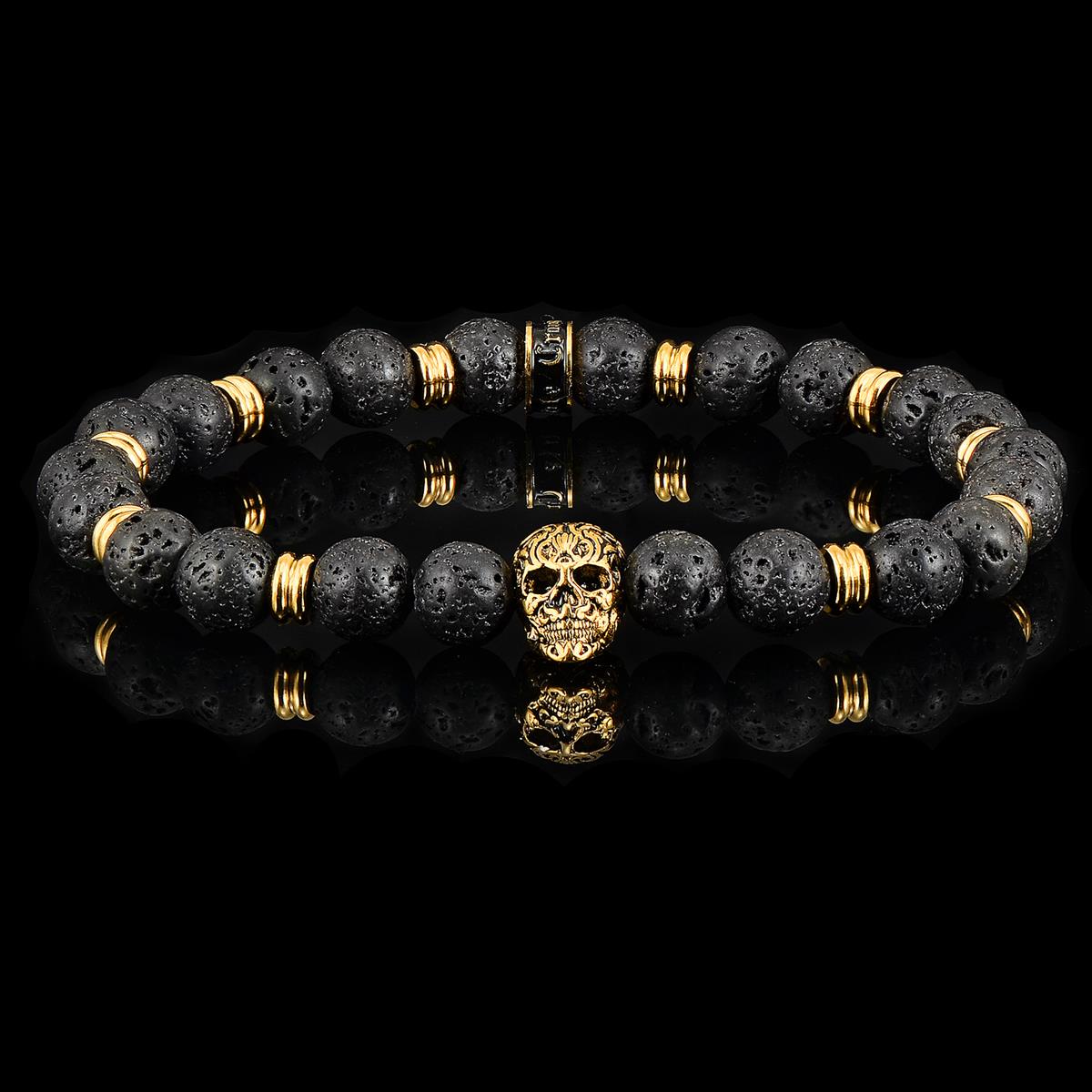Crucible Jewelry Polished Stainless Steel Skull and Black Lava Strech Bracelet
