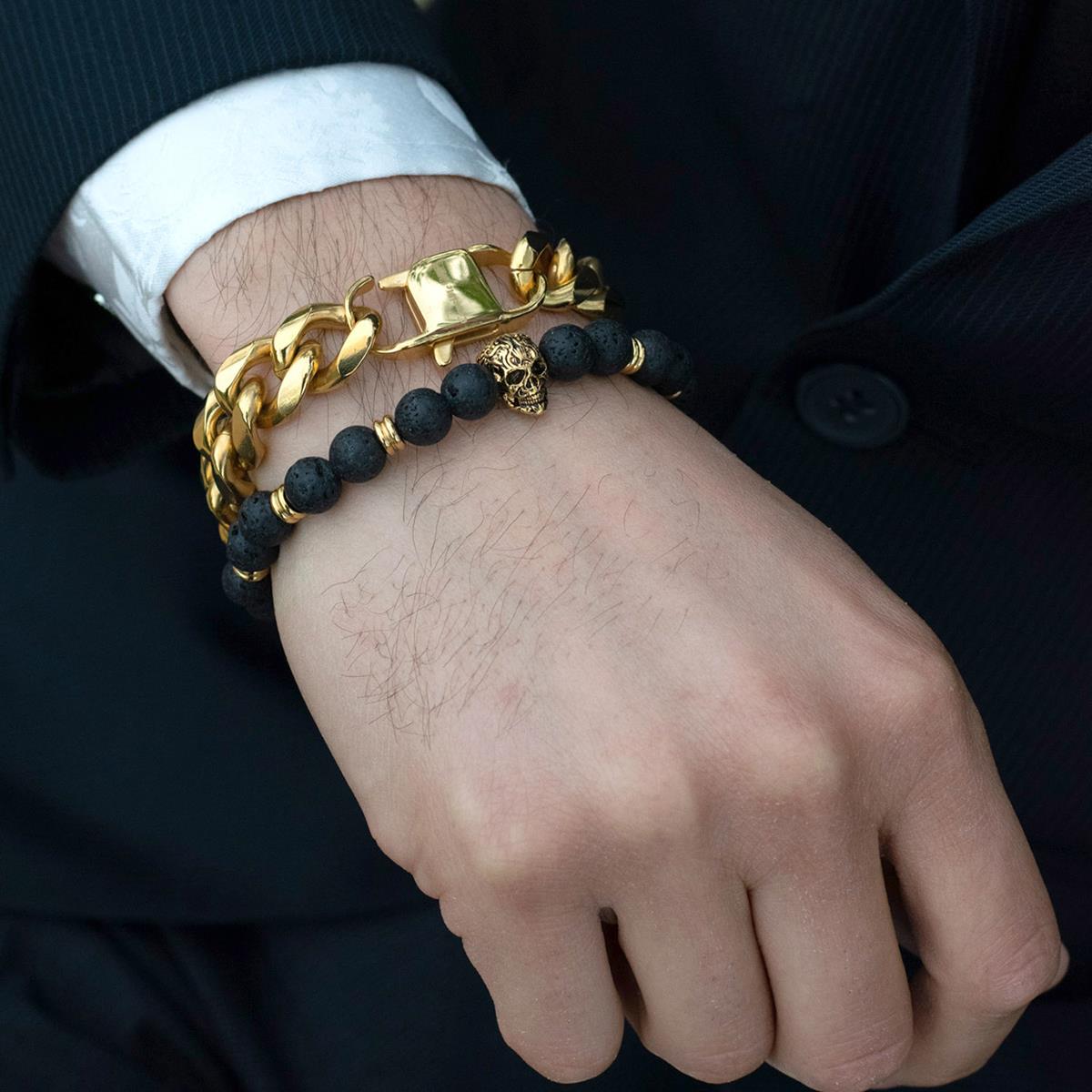 Crucible Jewelry Polished Stainless Steel Skull and Black Lava Strech Bracelet