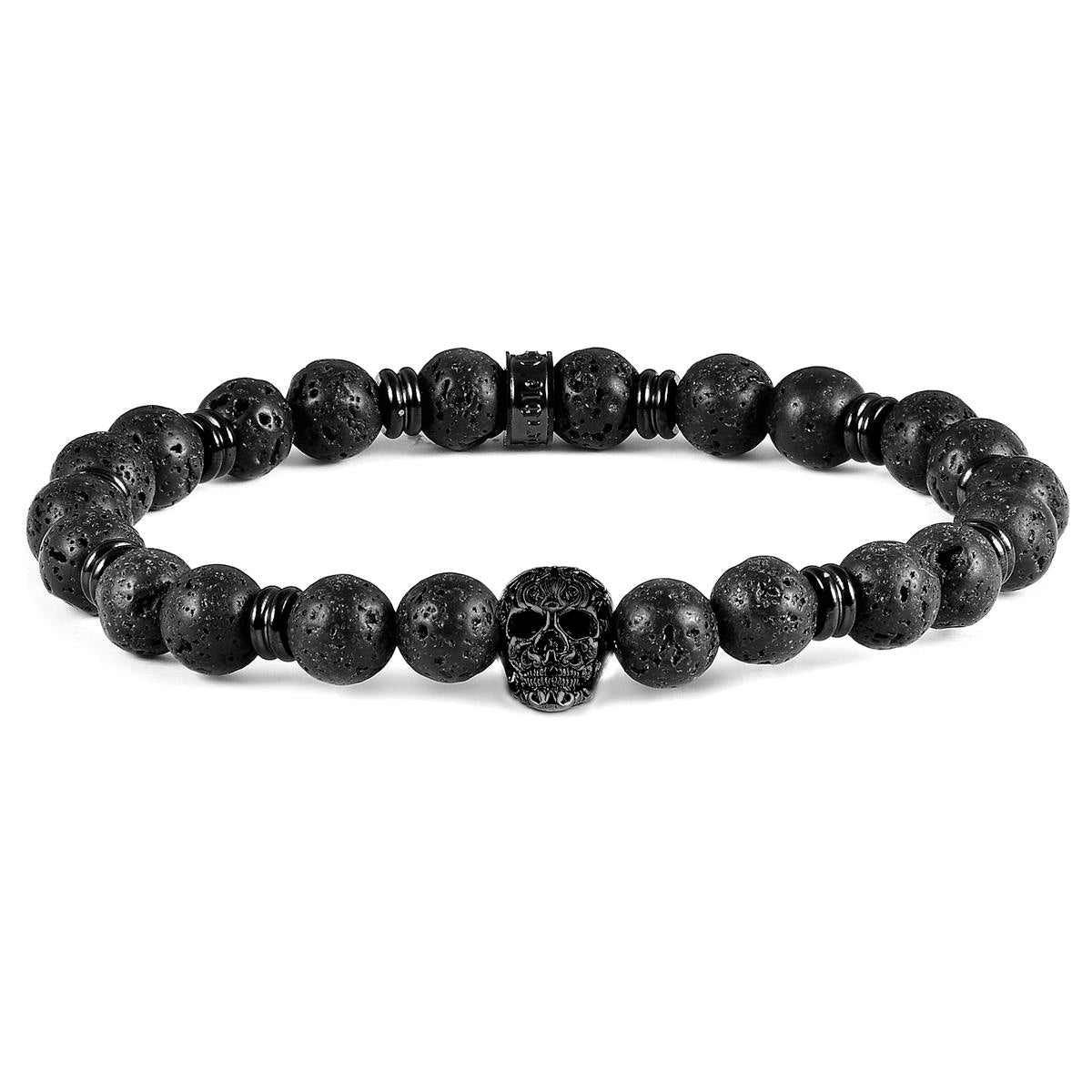 Crucible Jewelry Polished Stainless Steel Skull and Black Lava Strech Bracelet