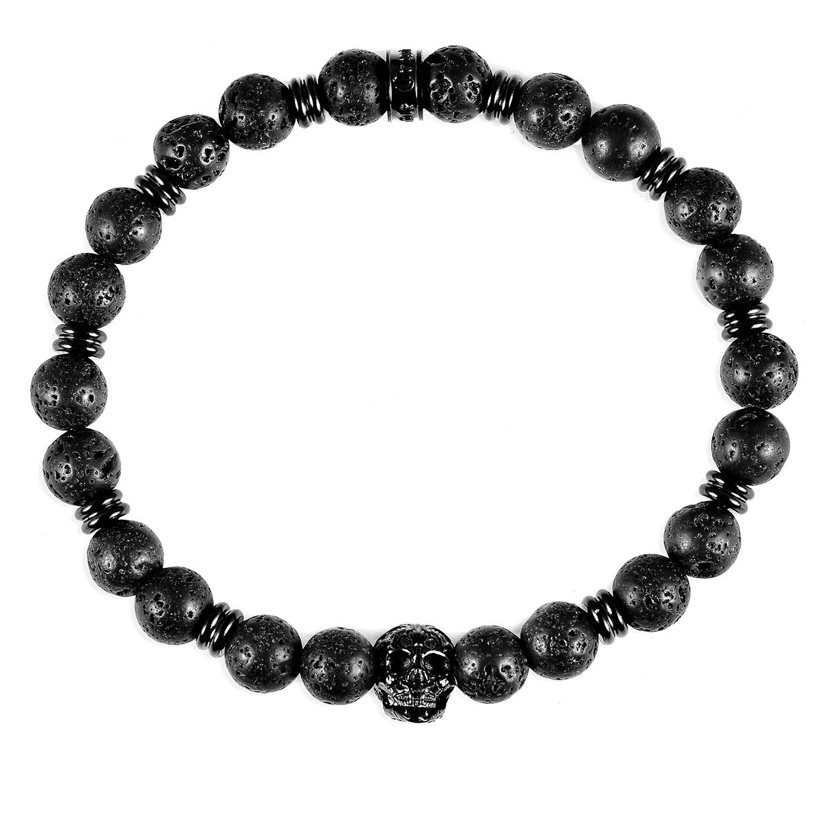 Crucible Jewelry Polished Stainless Steel Skull and Black Lava Strech Bracelet