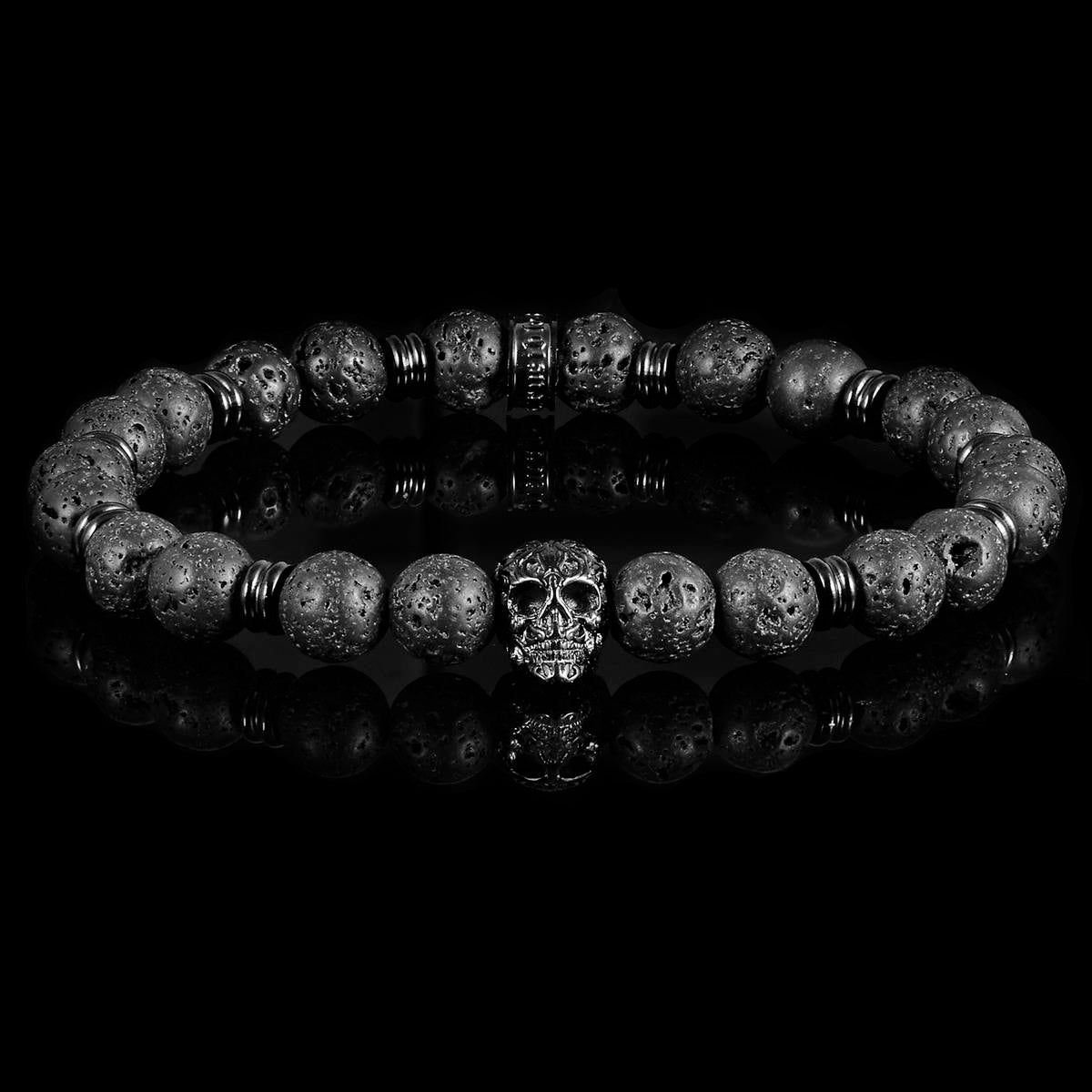 Crucible Jewelry Polished Stainless Steel Skull and Black Lava Strech Bracelet