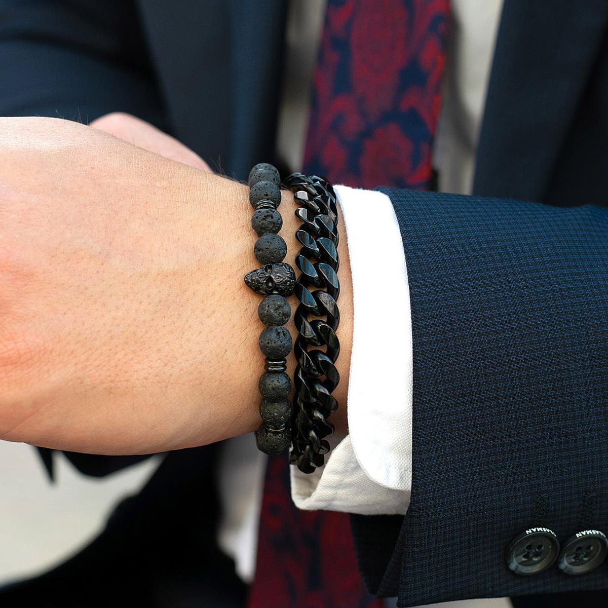 Crucible Jewelry Polished Stainless Steel Skull and Black Lava Strech Bracelet