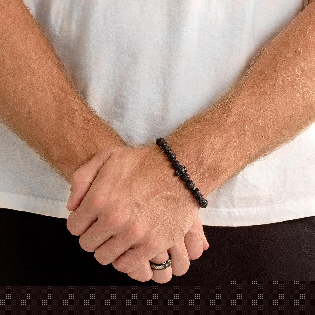 Polished Stainless Steel Skull and Black Lava Strech Bracelet