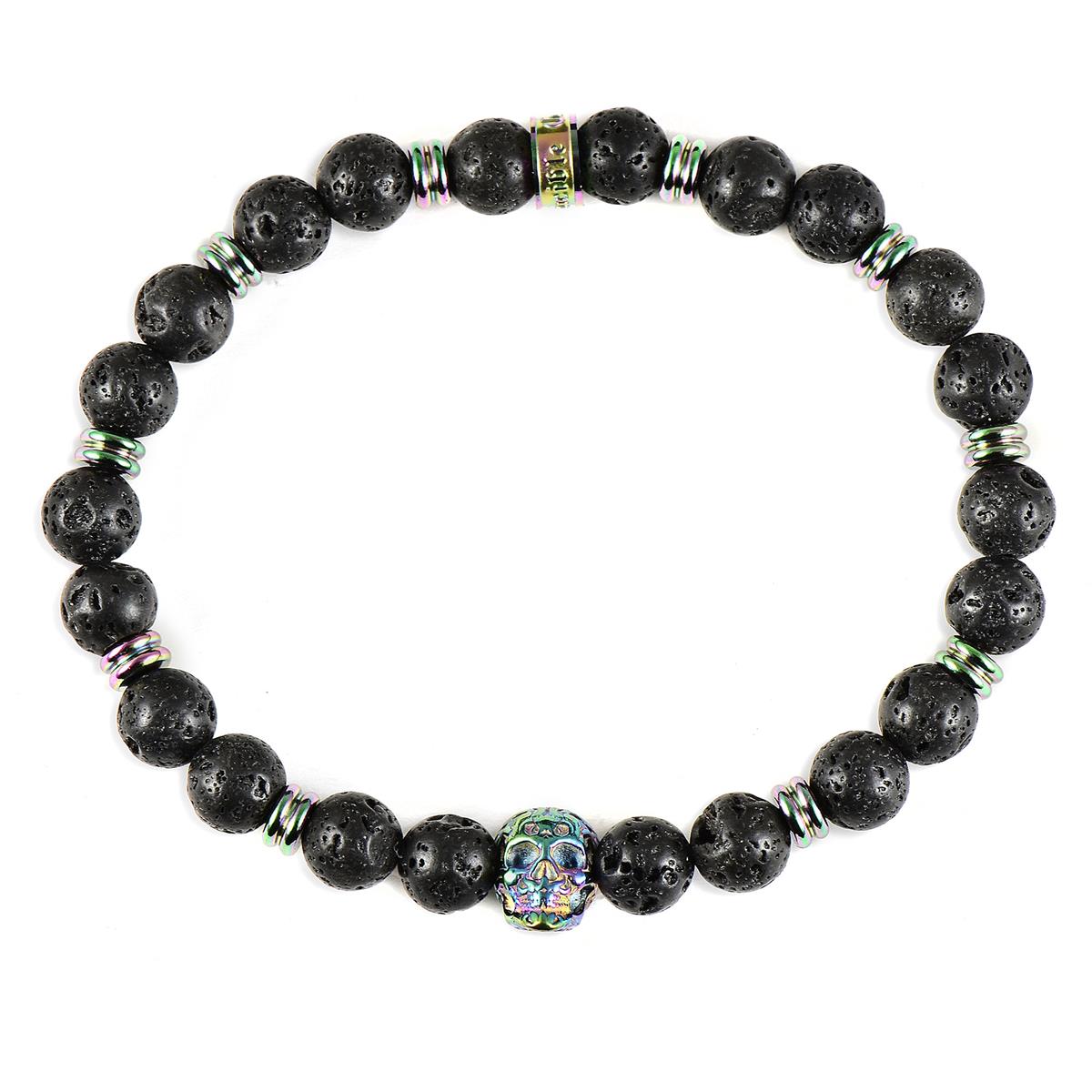 Crucible Jewelry Polished Stainless Steel Skull and Black Lava Strech Bracelet