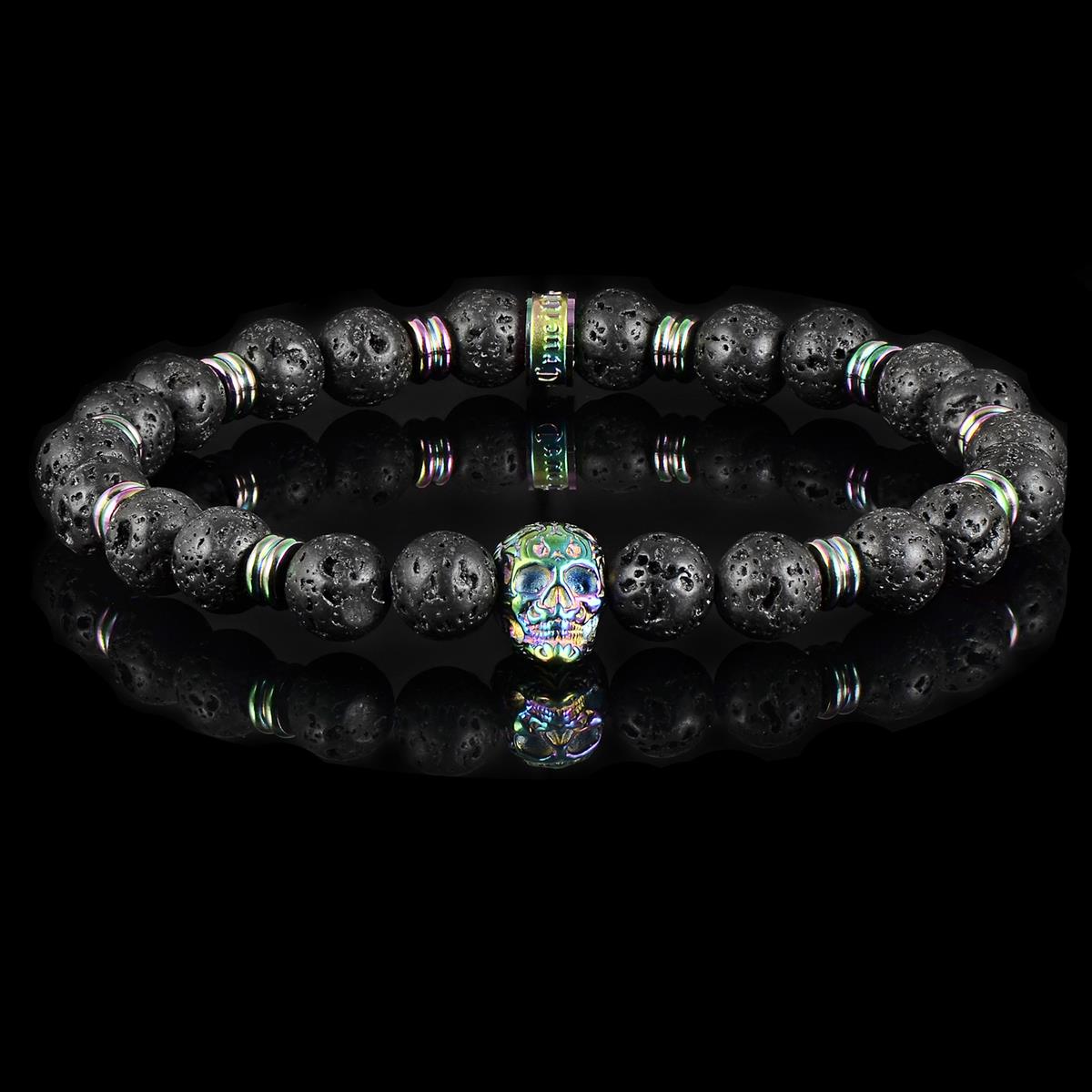 Crucible Jewelry Polished Stainless Steel Skull and Black Lava Strech Bracelet