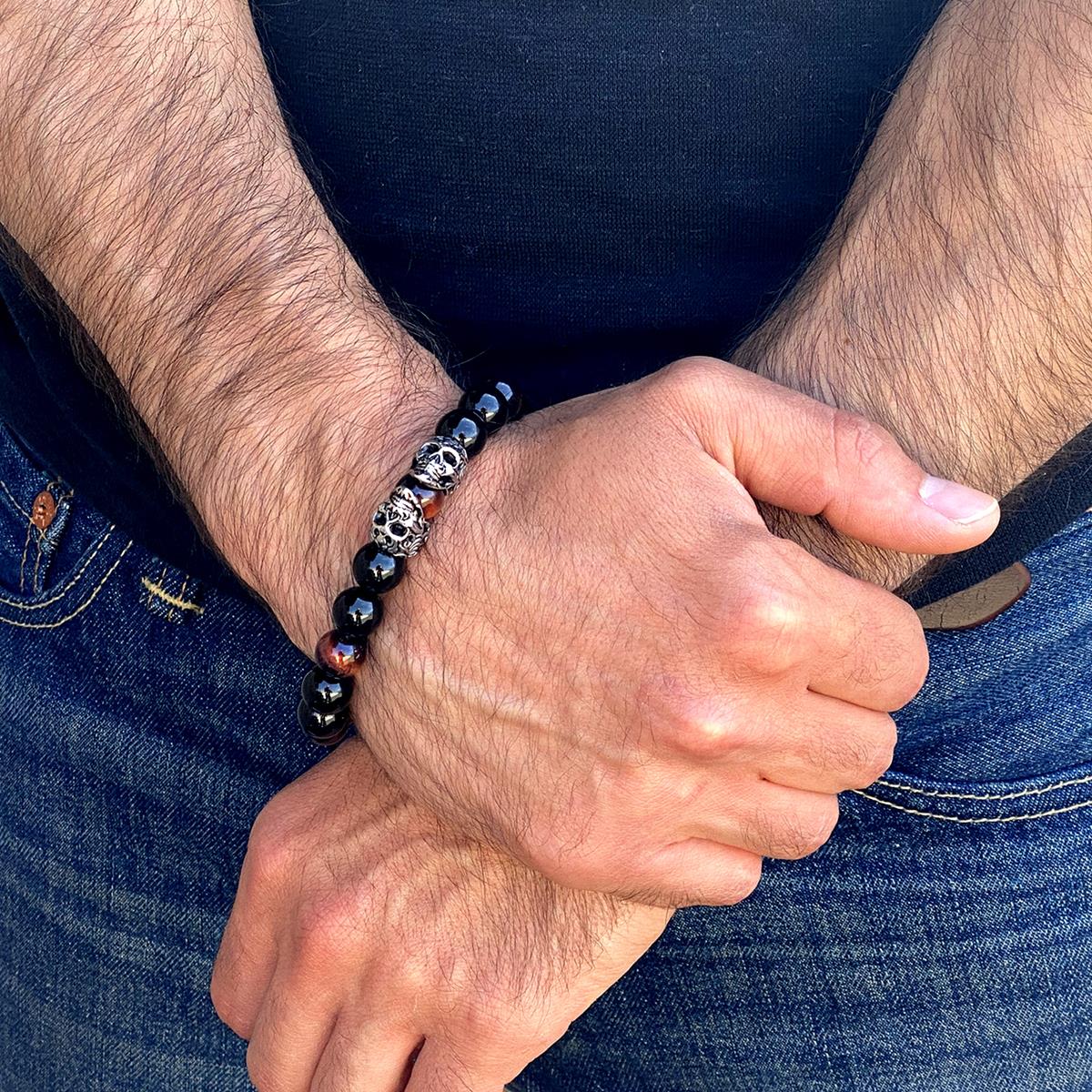 Crucible Jewelry Double Skull Adjustable Bracelet with Red Tiger Eye and Black Onyx Beads