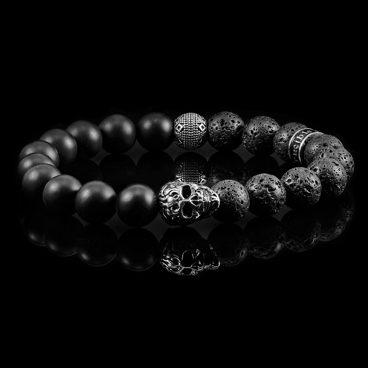 Crucible Jewelry Single Skull Stretch Bracelet with 10mm Matte Black Onyx and Black Lava Beads