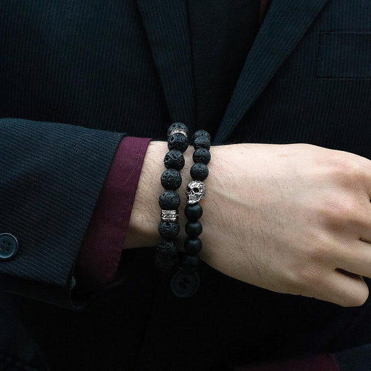 Crucible Jewelry Single Skull Stretch Bracelet with 10mm Matte Black Onyx and Black Lava Beads