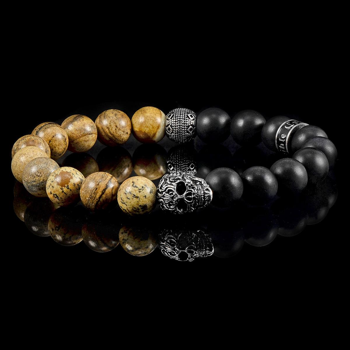Crucible Jewelry Single Skull Stretch Bracelet with 10mm Matte Black Onyx and Picture Jasper Beads
