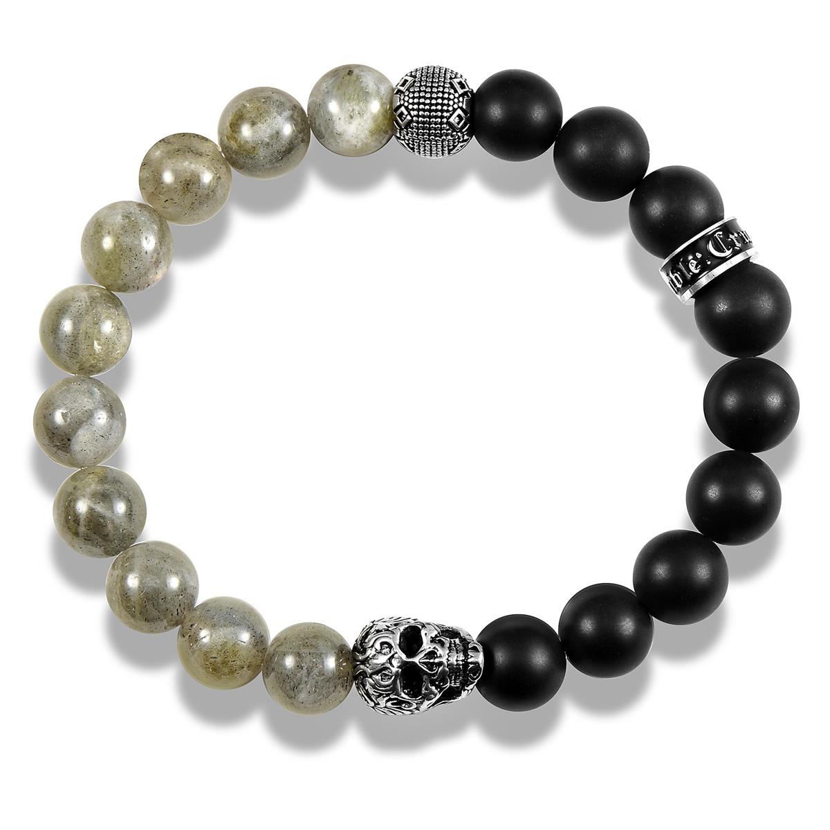 Crucible Jewelry Single Skull Stretch Bracelet with 10mm Matte Black Onyx and Labradorite Beads